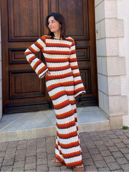 Elegant Wave Striped Cotton Knitted Maxi Dress Women Fashion O-neck Flared Sleeves Backless Dresses Female Beach Vacation Robe