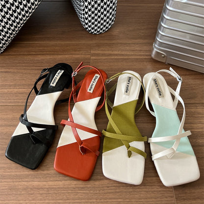 Summer New Mix Color Women Sandal Fashion Narrow Band Ladies Gladiator Shoes Square Low Heel Outdoor Dress Slides