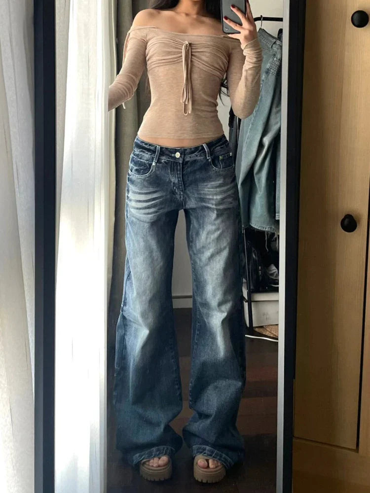 binfenxie Y2k Vintage Baggy Wide Leg Jeans for Women Washed Casual High Waist Loose Denim Pants Streetwear Korean Flared Trousers