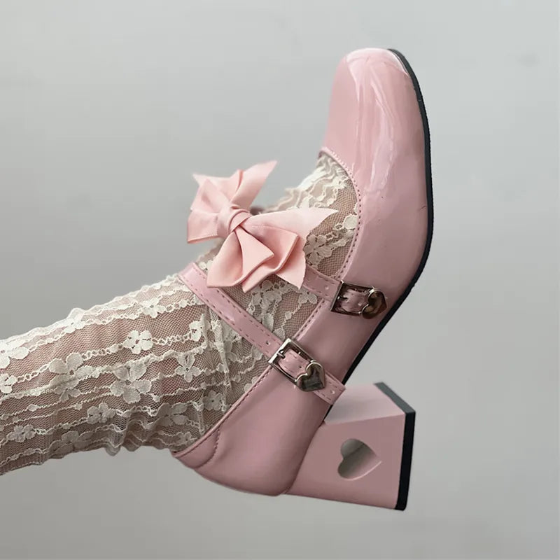 Futurecen Pink Mary Jane Lolita Shoes Women Autumn Y2K Patent Leather Low Heels Pumps Woman Silk Bowtie Ankle Straps Party Shoes