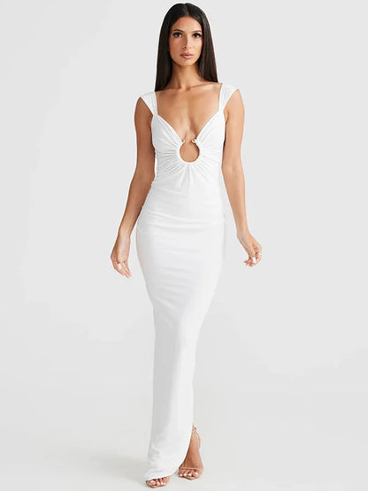 Elegant Hollow Out V-neck Slip Backless Party Evening Maxi Dress For Women Spring Sexy Slim Split Solid Dress