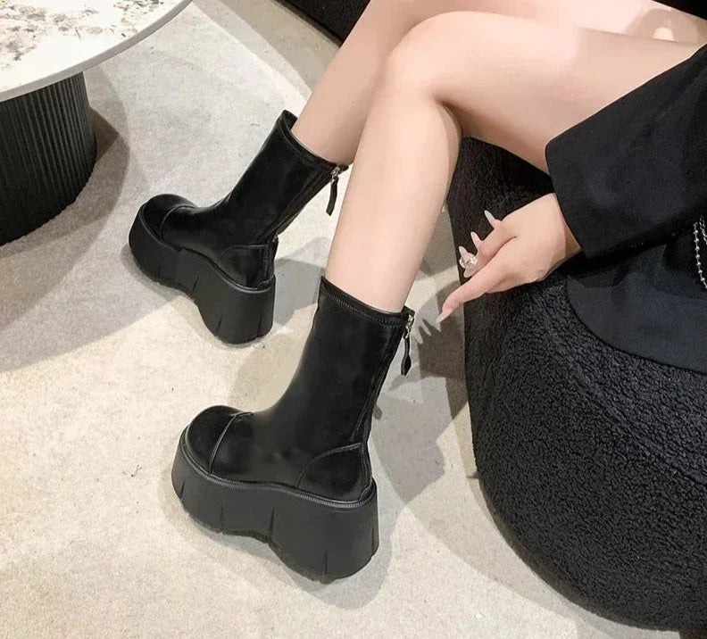 Short Plush Punk Boots For Women Fashion Back Zippers Short Boots Female High Platform Thick Bottom Ladies Elegant Ankle Boots