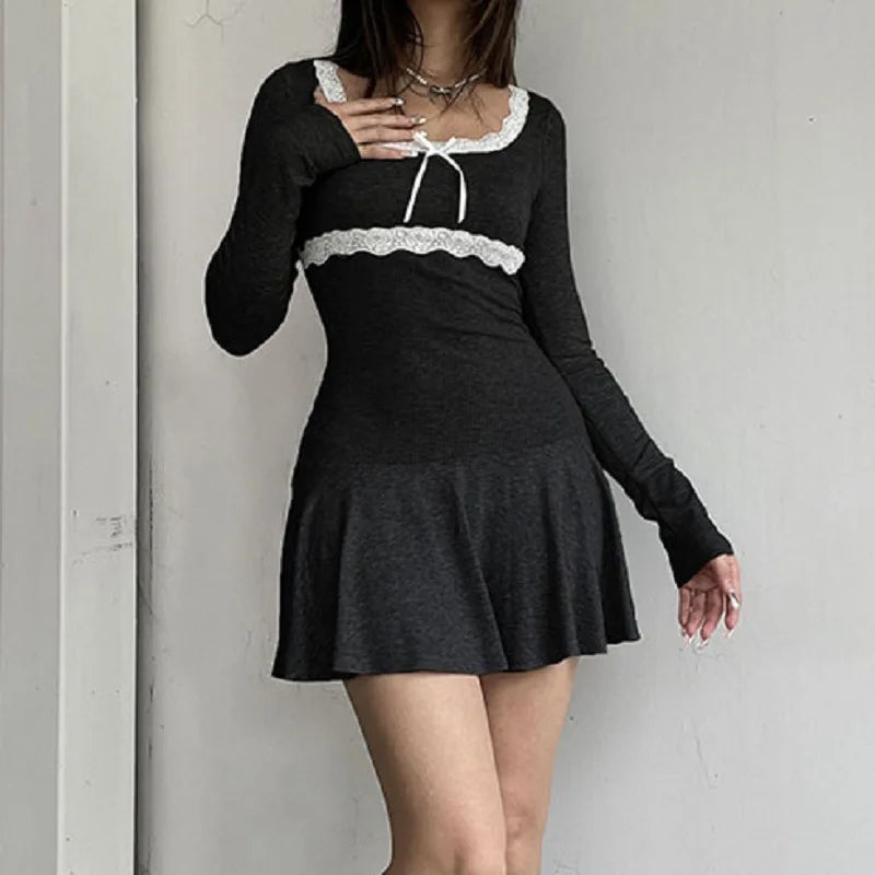 binfenxie Autumn Sexy Mini Dress Women Solid Streetwear Black Long Sleeves Lace Patchwork Bodycon Dress Club Elegant Party A-LINE Dresses