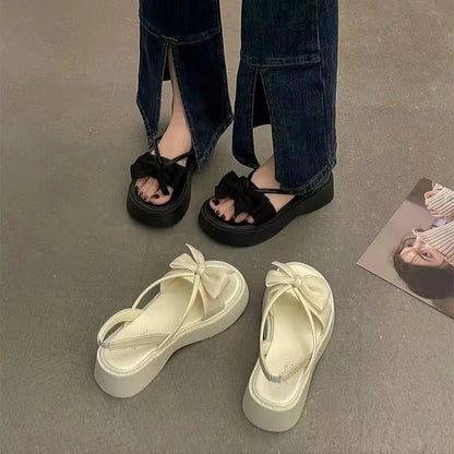 Women's Shoes Beach Sandals for Woman with Medium Heels Footwear Round Toe Tip Summer Platform Bow Beige Sale on Offer H F