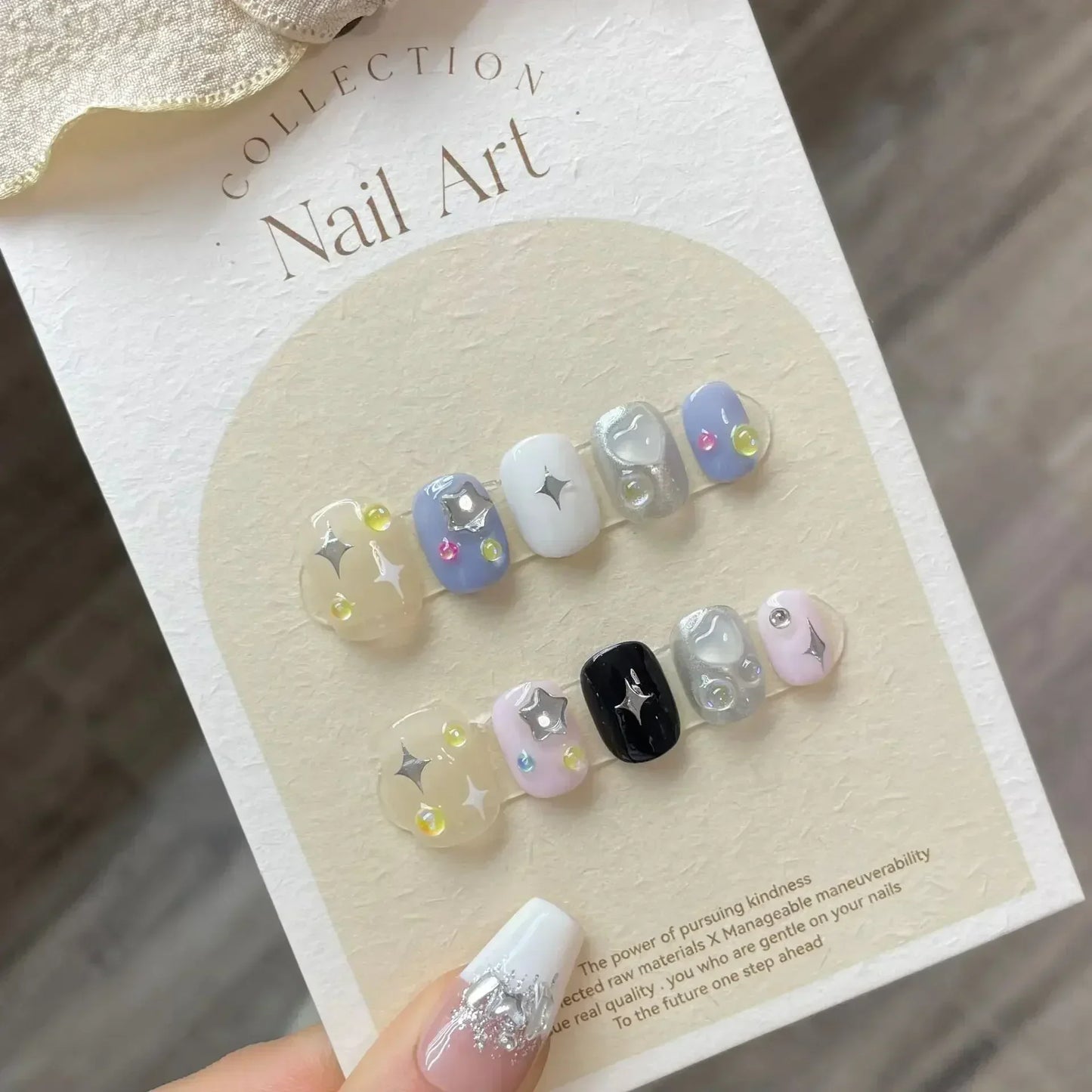 10Pcs Handmade Gothic Short Press on Nails Rhinestone Round Manicure Decoration Wearable Full Cover with Design Acrylic Nail Tip