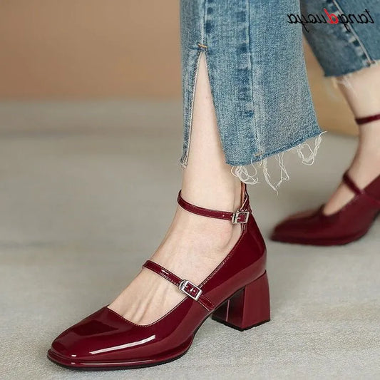 Women heels Shoes Mary Jane Shoes Woman Pumps Patent Leather High Heels Dress Shoes Red Wedding Shoes Spring  Double Buckle