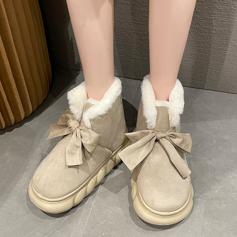 Winter Boots With Fur Australia Women's Rubber Shoes Rain Flat Heel Plush Snow  Ladies Lolita Slipper Flock Butterfly-knot B