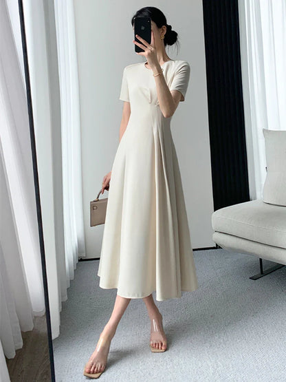 Summer New Elegant Midi Dress For Women Solid Femme Fashion A Line Lady Party Clothing Vestidos