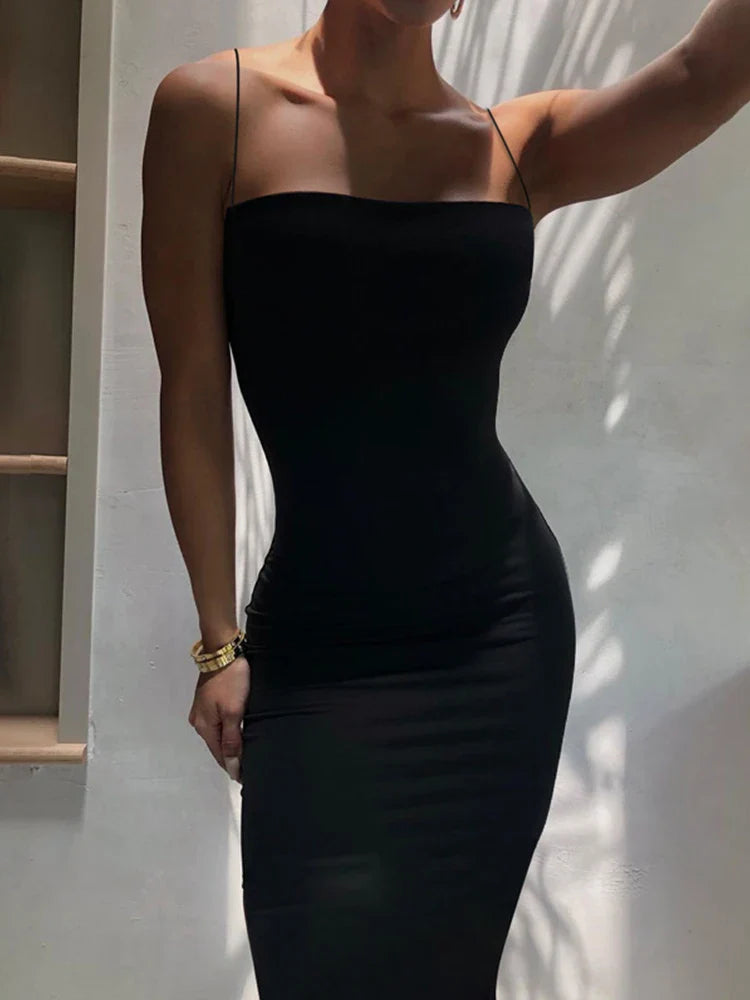 binfenxie Summer Black Sexy Dress Women Streetwear Sleeveless Backless Solid Spaghetti Strap Bodycon Casual Clubwear Elegant Party Dresses