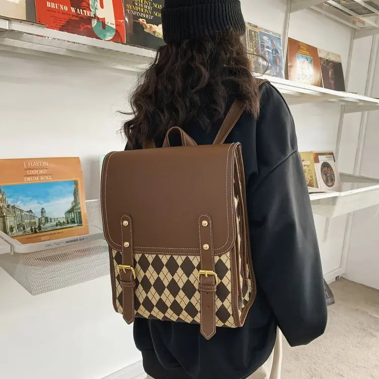 binfenxie  Preppy Style Plaid Backpack Women Harajuku Vintage Rhombic Lattice Jk Brown Backpacks Ladies Retro School Bag Aesthetic