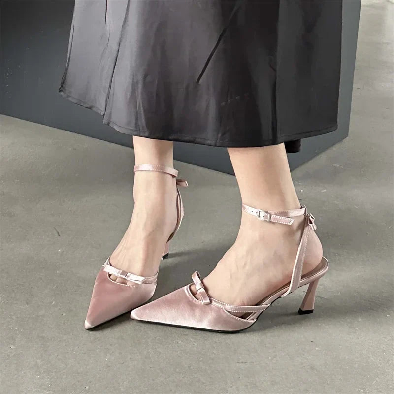 Futurecen 2024 New Design Ankle Buckle Strap Women Pumps Sandals Thin Heels Pointed Toe Shallow Slingback Mules Tacones Mujer