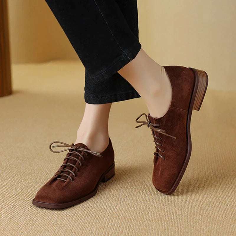 Futurecen  -  NEW Spring/Autumn Women Shoes Square Toe Chunky Heel Casual Shoes Sheep Suede Leather Shoes for Women Retro Lace up Women Pumps