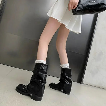 Pleated Buckle Knight Boots for Women Autumn Brown PU Leather Mid Calf Boots Woman Slip-On Thick Heel Riding Botas Mujer 2024