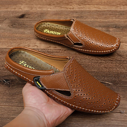 Summer New Genuine Leather Mens Half Slippers Breathable Casual Mules shoes Lightweight classic Non-slip driving flats Moccasins