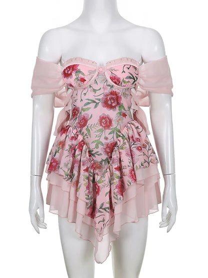 Coquette Floral Chiffon Dress Pink Side Bandage Aesthetic Ruffle Tulle Mini Dresses Boho Sweet Outfit Party Holiday Hot