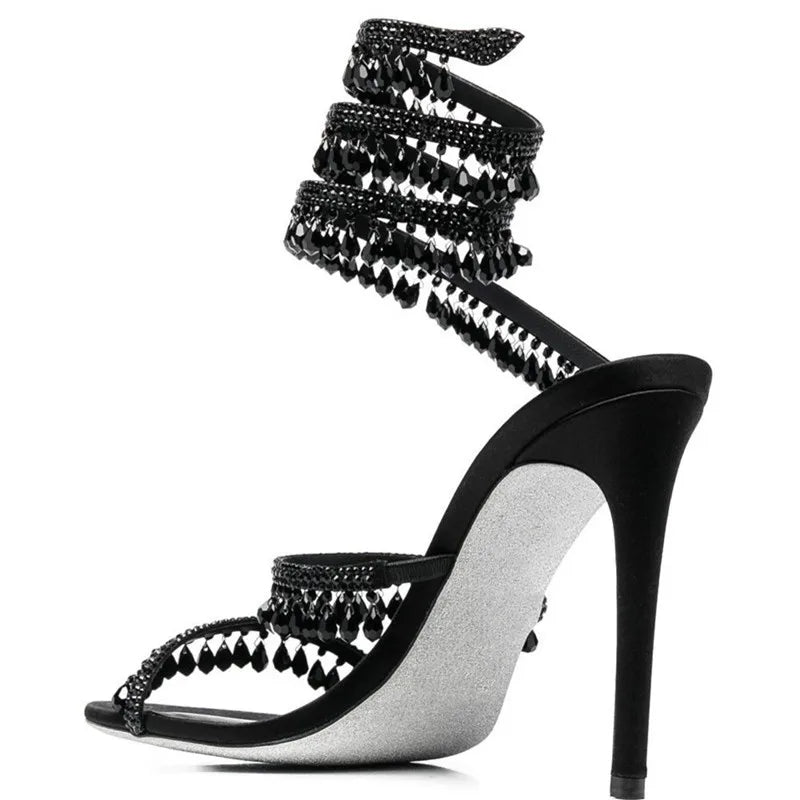 binfenxie Fashion Crystal Pendant Tassels Women Sandals Sexy Snake Coiled Stiletto High heels Gladiator sandals Summer Wedding Party Shoes