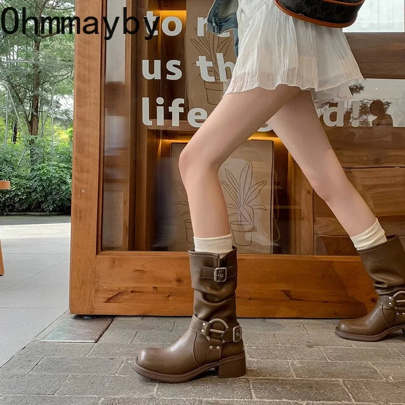 Winter Cowboy Boots for Women Fashion Slip On Ladies Casual Short Boots Thick Bottom Mordern Botas