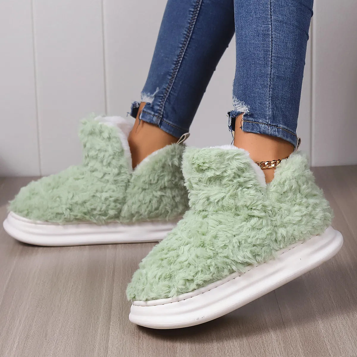 Women Warm Fur Slippers Couples Winter Platform Shoes Soft Plush Thick Sole Girls Boys Indoor Street Snow Boots Fluffy Footwear