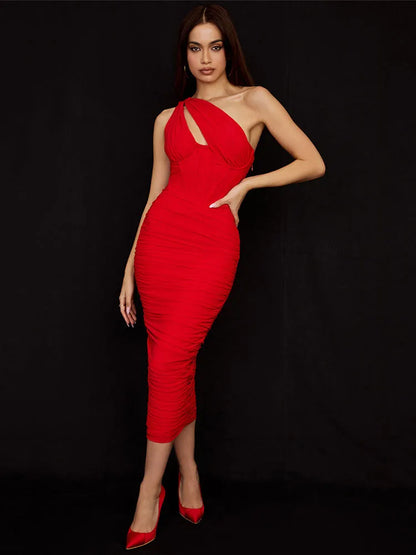 Elegant One Shoulder Ruched Midi Dress For Women Club Party Outfits Summer New Sleeveless Backless Bodycon Long Dress