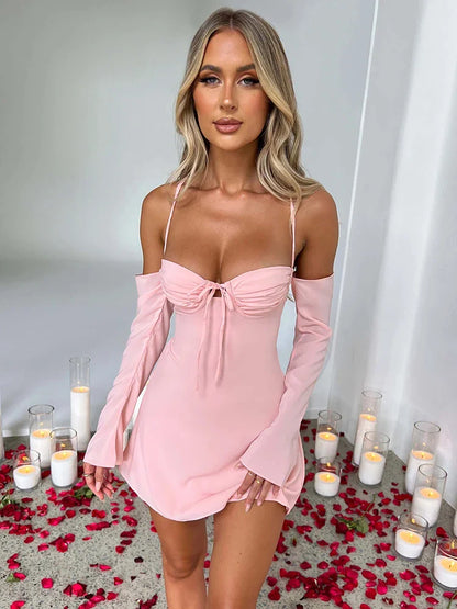 Elegant Pleated Bust Lace Up Back Mini Dress Women Summer New Long Sleeve Backless Bodycon Sexy Party Club Dress