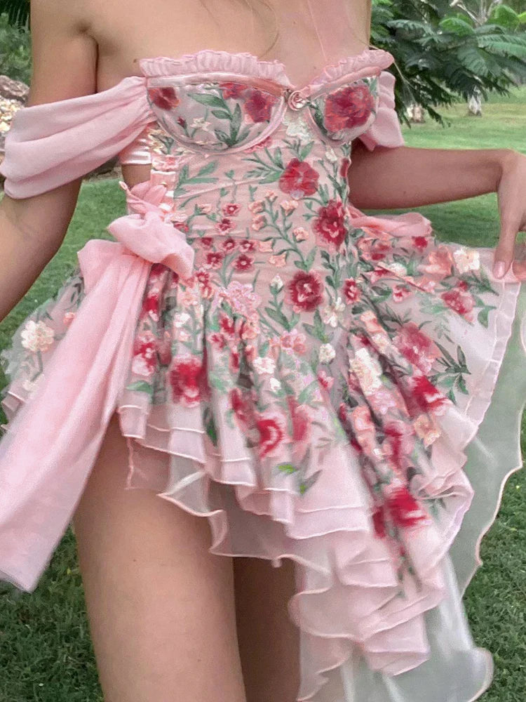 Coquette Floral Chiffon Dress Pink Side Bandage Aesthetic Ruffle Tulle Mini Dresses Boho Sweet Outfit Party Holiday Hot