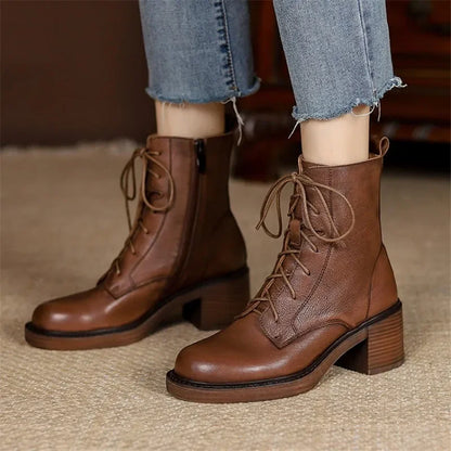 Winter Genuine Leather Women Boots Round Toe Thick Heel Lace Up Fashion Ankle Boots Retro Boots  Platform Shoes Heels Grown