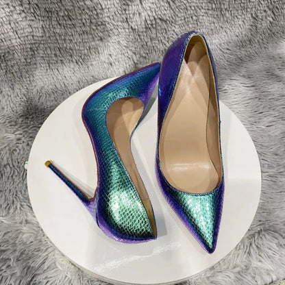 Futurecen Shiny Blue Snakeskin Pattern Women Sexy Pointed Toe Slip On Stiletto Pumps Sparkly Party Night Club High Heel Shoes