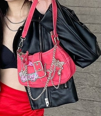 binfenxie Y2K Sweet Cool Girls Underarm Bag Fashion Women's Pink Shoulder Crossbody Bags Retro Chain Female Clutch Tote Purse Handbags