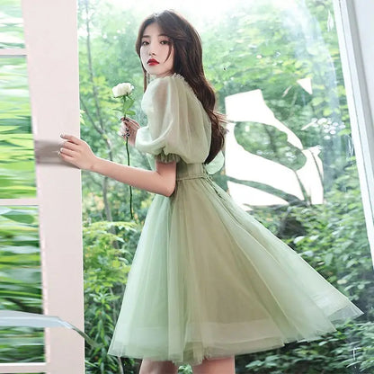 binfenxie Green Sweat Puff Sleeve Lady Girl Women Princess Bridesmaid Banquet Party Ball Prom Short Dress Gown Sexy Bandeau Backless Club