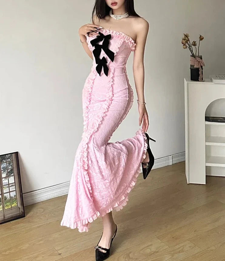 Winter Bachelor Party Formal Pink Sweet Tight Sexy Mature Beautiful Confident Women'S Long Pleated Chest Wrap Dress