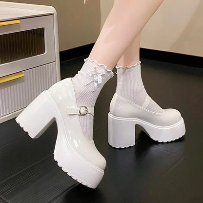 High Heels Platform Chunky Pumps Women Pu Leather Ankle Buckle Mary Jane Shoes Woman Thick Heeled Goth Lolita Shoes Female