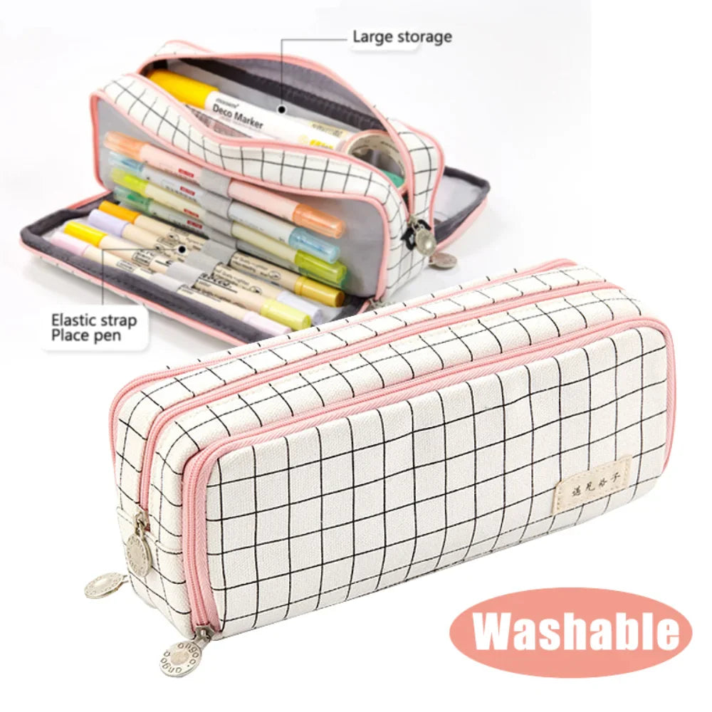 binfenxie Kawaii School Pencil Case Kids Lattice Cotton Linen Multilayer Big Capacity Pencil Box Cute Pensil Case Pen Bag Estuche Escolar