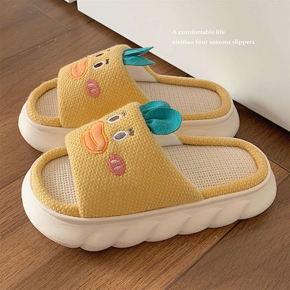 Thick Platform Home Slippers Women Linen Slippers Spring Summer Indoor Shoes Cartoon Animals Non Slip Outdoor Woman Slides