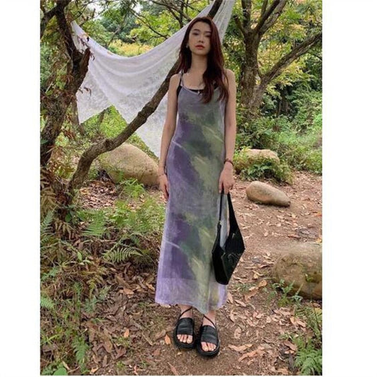 Korean Tie Dye Print Mesh Dress  Women Sexy Y2k Spaghetti Strap Maxi Dresses 2 Piece Set Robe Vestidos De Mujer Summer