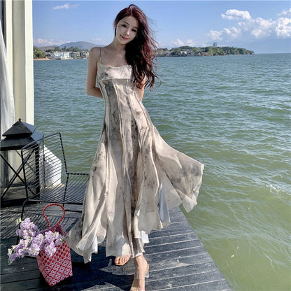 Summer Ink Painting Maxi Slip Dress Women Long Elegant Chinese Slim Flowy Formal Dresses for Wedding Guest Birthday Prom