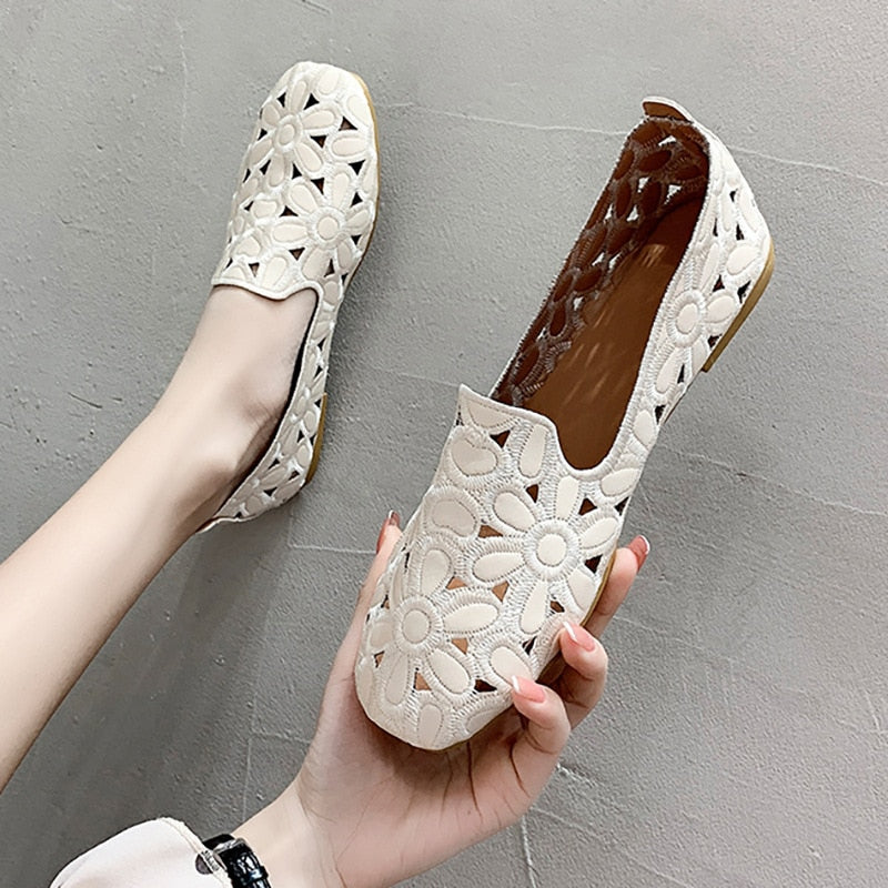 Women Flats Slip on Loafers Foldable Flats for Women Square Toe Single Shoes Hollow Out Fashion Party Casual Shoes for Ladies