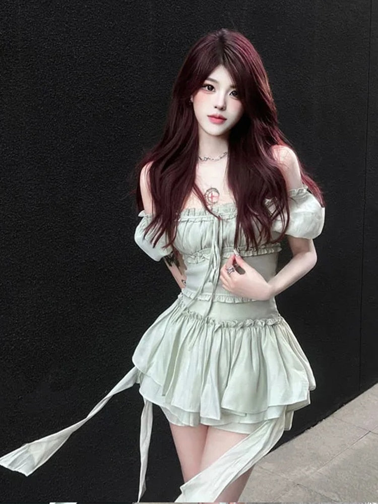 New In Dresses Green White Two-piece Fairy Dress korean Fashion Pleated High Waist bodycon Sexy Summer Dress Women