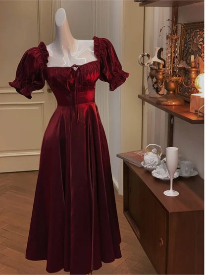 French Vintage Burgundy Evening Party Dress Women Summer Elegant Romantic Prom Vestidos Korean A-line Graduation Dresses