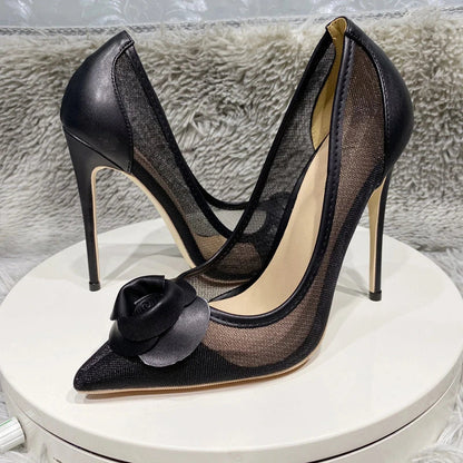 Futurecen Black Matte Flower Women Gauze Mesh Pointed Toe Stiletto Pumps Elegant Ladies Designer Slip On High Heel Shoes Customize