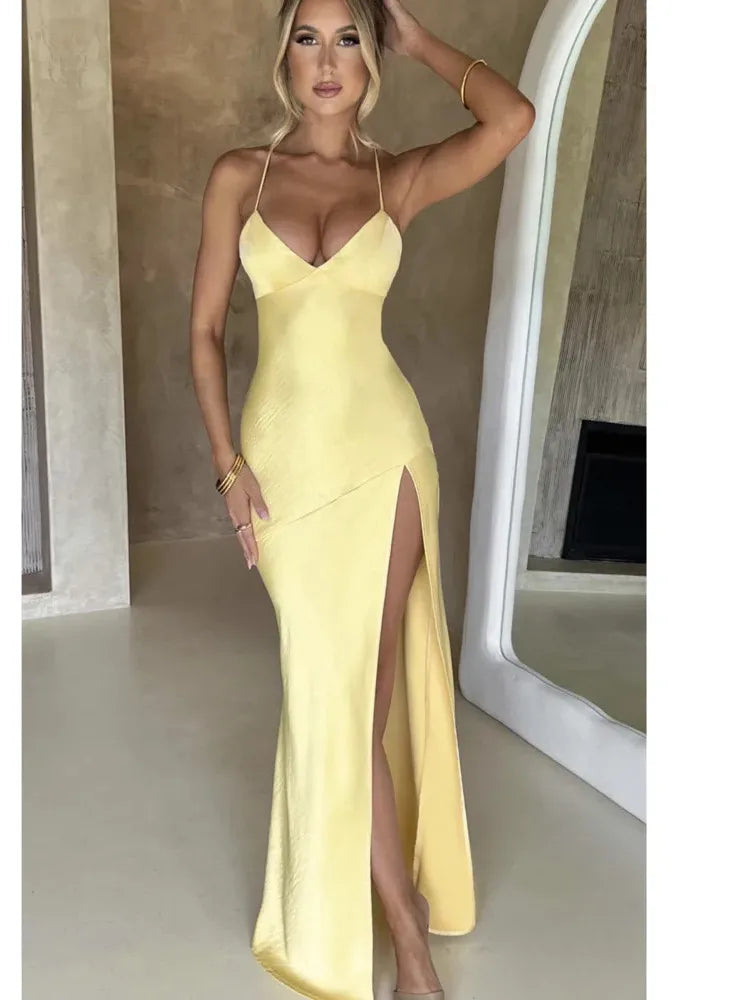 Sexy Strapless Satin Maxi Dress Women Open Back High Slit Slim Dress Women Spring Summer Elegant Party Club Vestidos