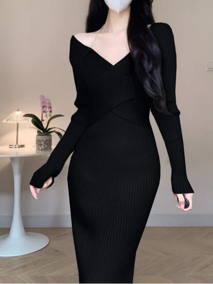 Women Elegant Slim Knitting Midi Dress Autumn New Solid Ribbed Bodycon Evening Party Vestidos Winter Sweater Robe Jumper