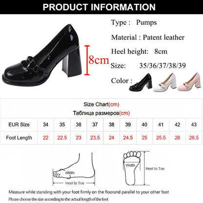 binfenxie  -    High Heels Mary Janes Women Cute Round Toe Patent Leather Pumps Woman Slip-On Square Heeled Bow Party Shoes Ladies