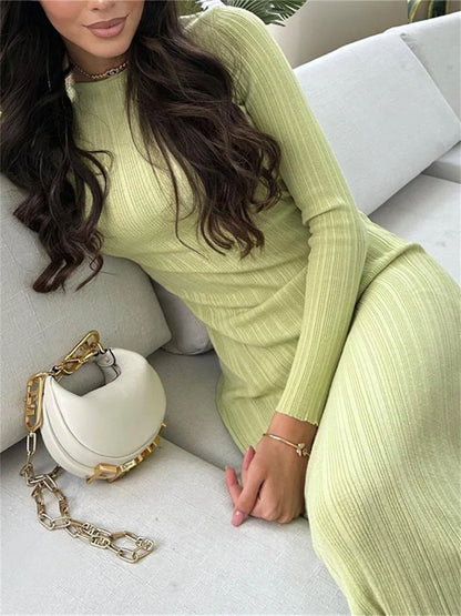 binfenxie Fall Casual Knit Ribbed Bodycon Long Dress Simple Style Solid Color Long Sleeve O Neck Wrapped Pencil Dress Street Party