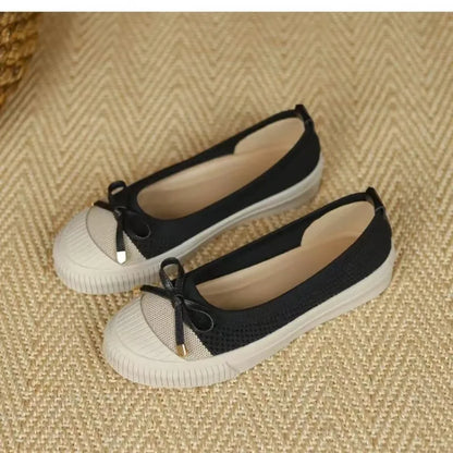 Bowknot Flat Sole Single Shoes for Women's Four Seasons Shoes Genuine Leather Round Toe Shallow Mouth Ballet Dance Shoes