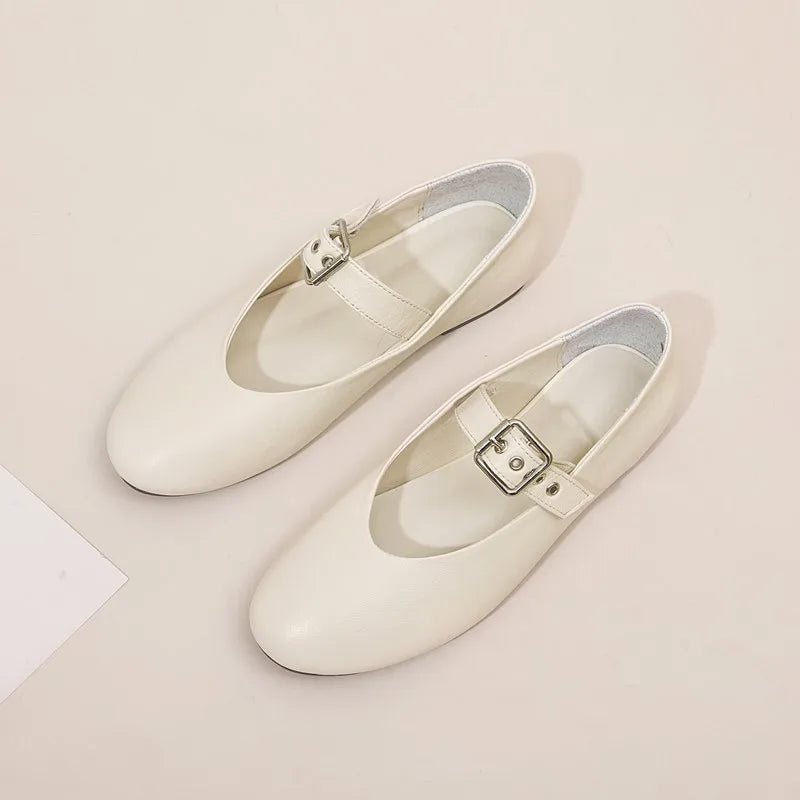 binfenxie  -   Women Mary Jane Shoes 2024 Autumn Natural Genuine Leather Vintage Women Shoes Pointed Toe Ballet Flat Casual Shoes Women