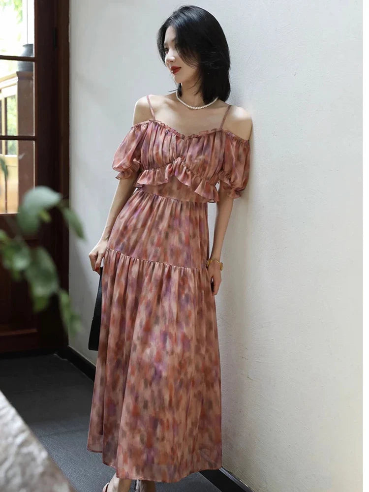 Summer New French Elegant Party Print Dress Sweet A Line Midi  Ladies Vintage Robes