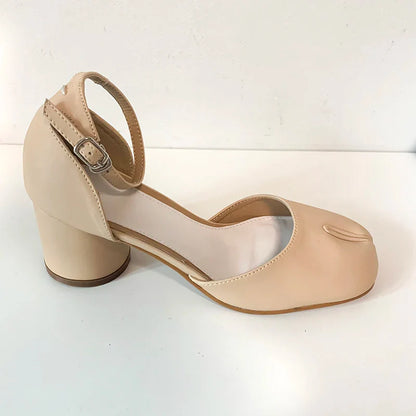 Summer Women Mary Jane Real Pig Leather Shoes High Heels Round Heel Shoes Ballet Ankle Strap Pumps Ninja Split Toe Sandals