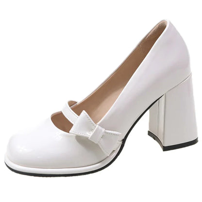 binfenxie  -    High Heels Mary Janes Women Cute Round Toe Patent Leather Pumps Woman Slip-On Square Heeled Bow Party Shoes Ladies