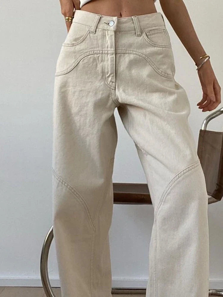 binfenxie Beige Jeans Baggy Women Casual Denim Trousers Vintage High Waist Wide Leg Pants Classic Streetwear Fashion Autumn Ladies