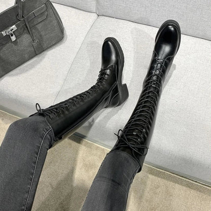 Footwear Long Ladies Boots Elegant Heeled High Heels Shoes for Women Lace-up Winter Knee Shaft with Laces White Spring Autumn Pu